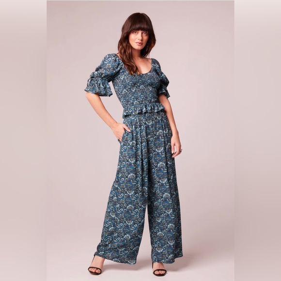 NWT Band Of The Free ELISE TEAL FLORAL WIDE LEG PANTS Bohemian style palazzo - Picture 1 of 6